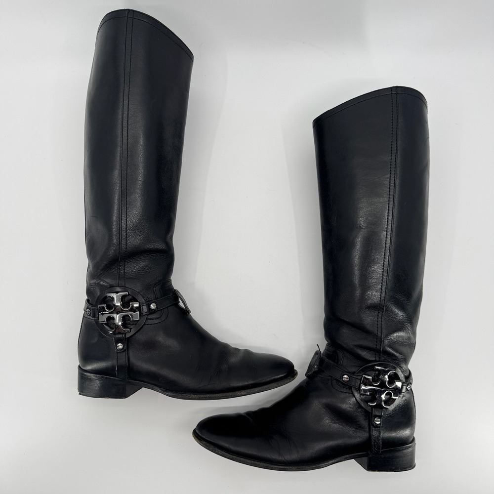 Tory Burch Riding Boots Womens 8M Black Leather Tall Logo Medallion Harness Zip